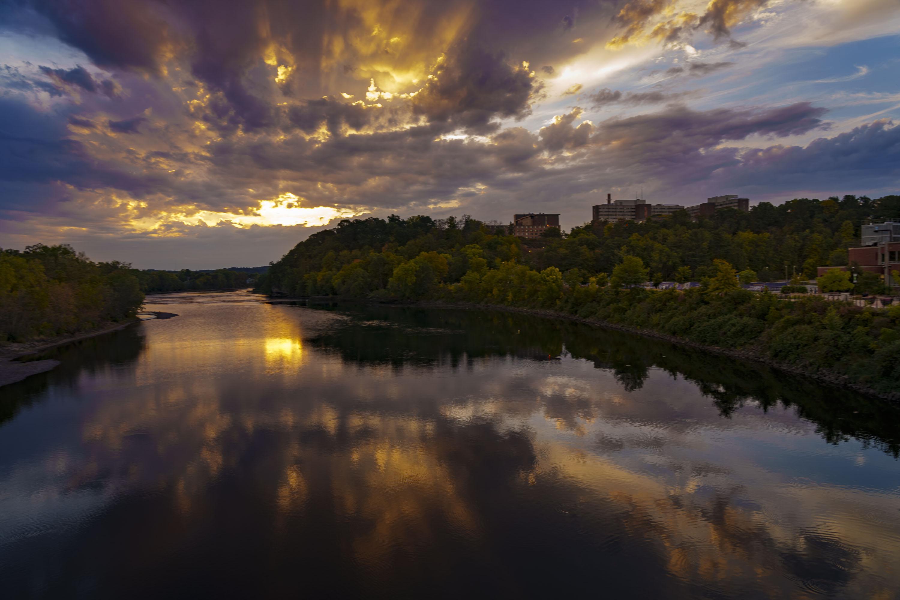 spectacular sunset over the Chippewa River, purples, blues, gold